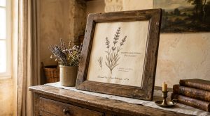 French Country decor featuring botanical art in a rustic wooden frame on an antique dresser.