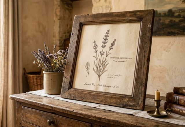 French Country decor featuring botanical art in a rustic wooden frame on an antique dresser.
