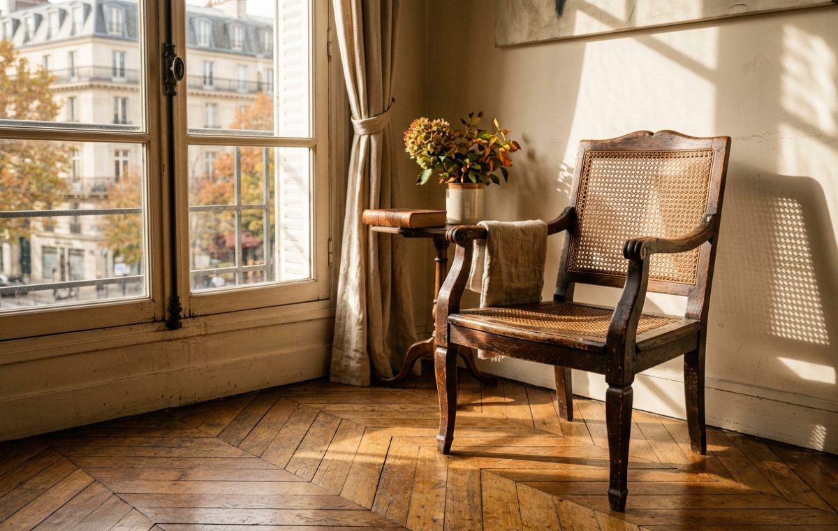 Sunlit living room featuring French Country decor with a vintage cane chair and parquet flooring near a tall window with city views outside.