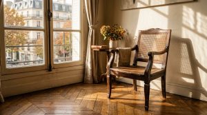 Sunlit living room featuring French Country decor with a vintage cane chair and parquet flooring near a tall window with city views outside.
