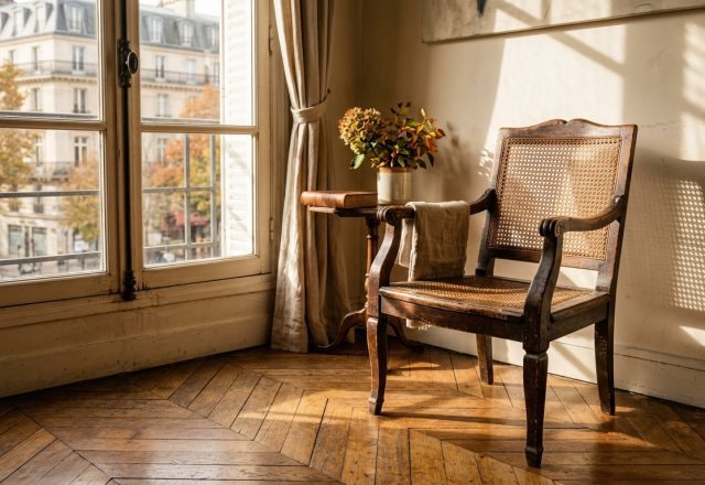 Sunlit living room featuring French Country decor with a vintage cane chair and parquet flooring near a tall window with city views outside.