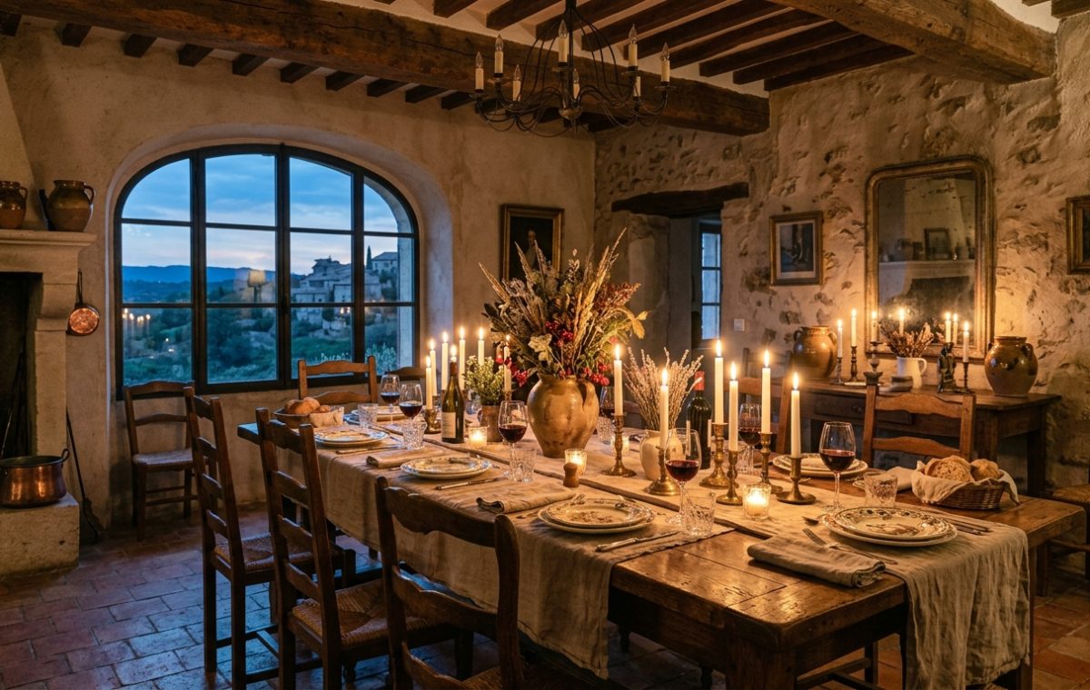 French country dining room with rustic wooden table, exposed stone walls, and ambient candlelight.