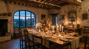 French country dining room with rustic wooden table, exposed stone walls, and ambient candlelight.