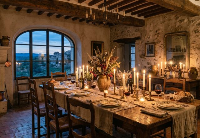 French country dining room with rustic wooden table, exposed stone walls, and ambient candlelight.