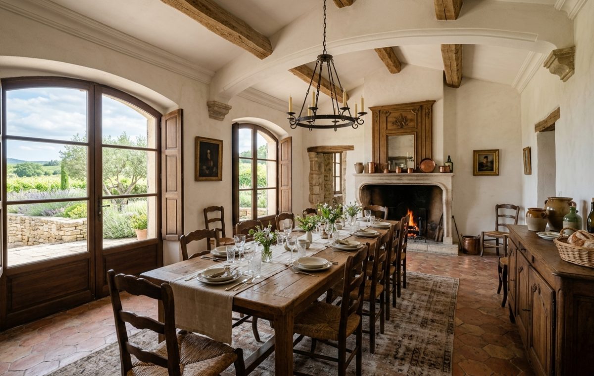 A rustic French Country dining room featuring a long wooden table, exposed beams, stone fireplace, and terracotta floor tiles.