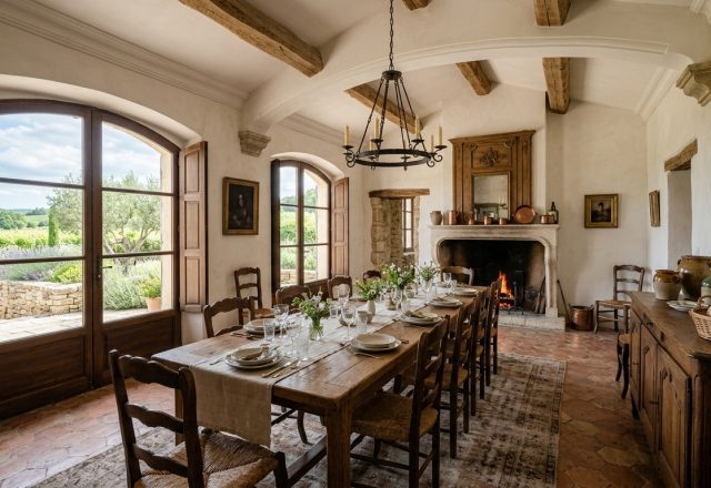 A rustic French Country dining room featuring a long wooden table, exposed beams, stone fireplace, and terracotta floor tiles.