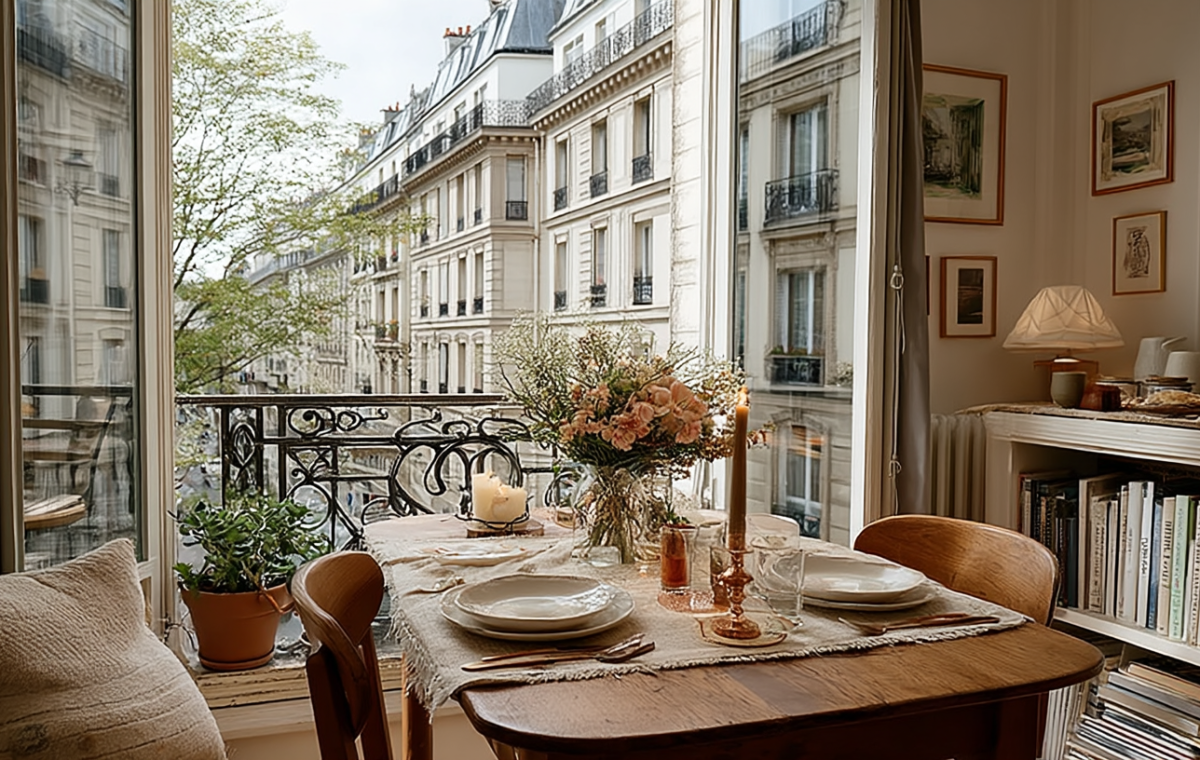 Cozy French Country dining room featuring a rustic wooden table by a window overlooking Parisian streets