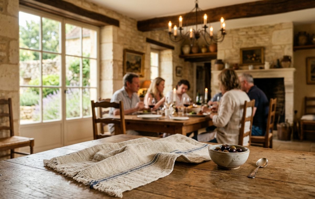 A rustic French Country dining room with a long wooden table, terracotta tile floors, and open glass doors leading to a garden.
