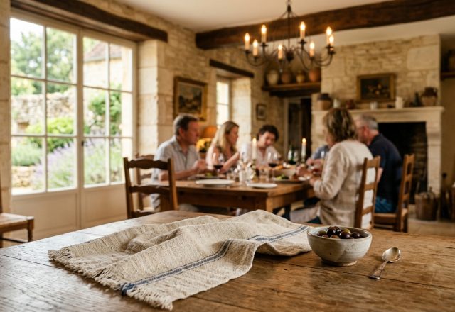 A warm French Country dining room featuring exposed stone walls and a rustic wooden dining table.