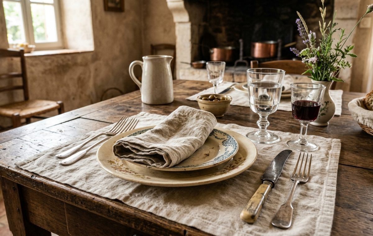 A rustic French Country dining room table set with vintage plates, linen napkins, and wine glasses.