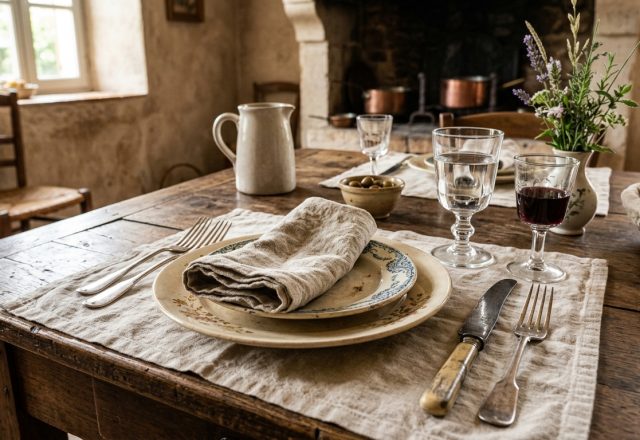 A rustic French Country dining room table set with vintage plates, linen napkins, and wine glasses.