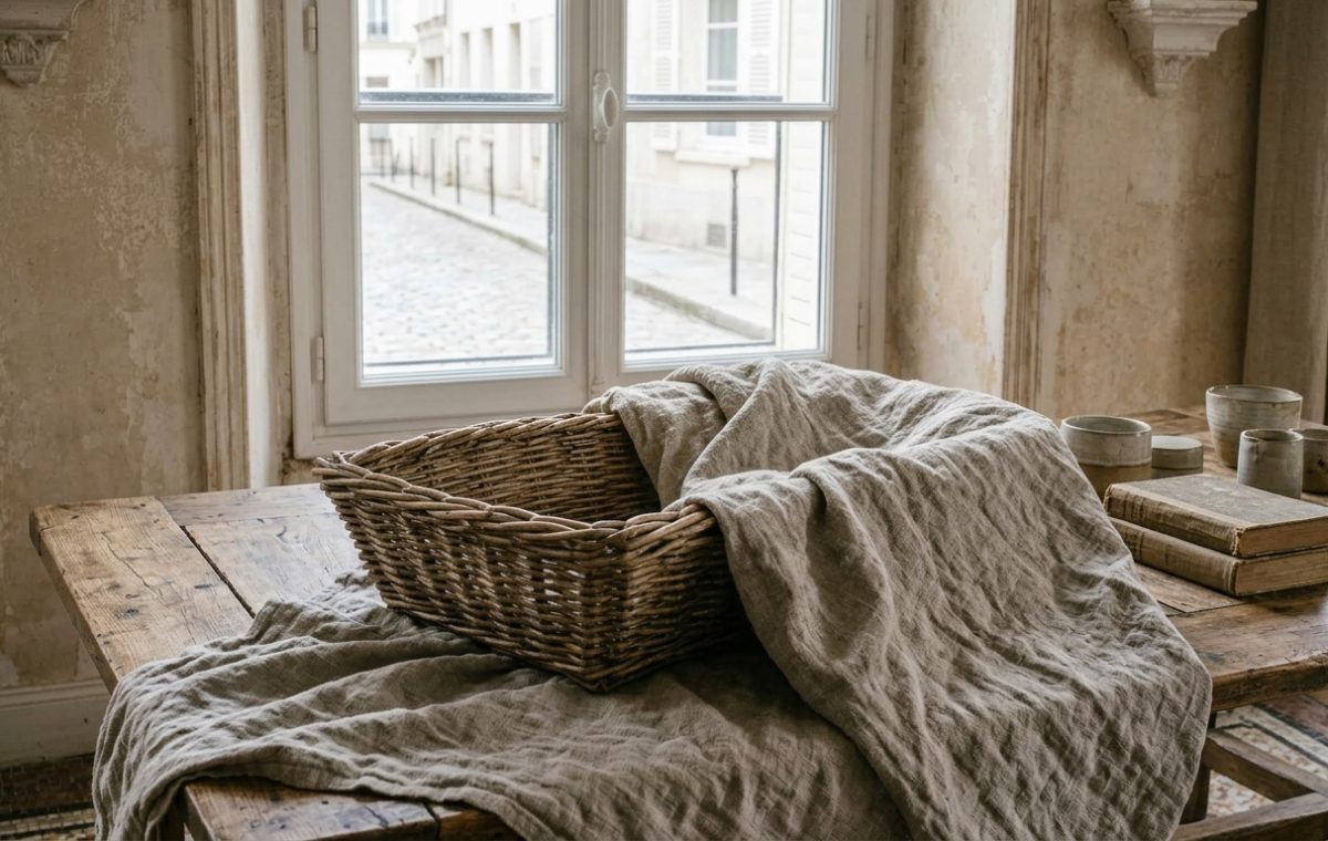 French country dining room featuring a rustic wooden table, textured linen, and a large wicker basket near a window.