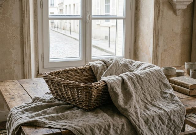 French country dining room featuring a rustic wooden table, textured linen, and a large wicker basket near a window.