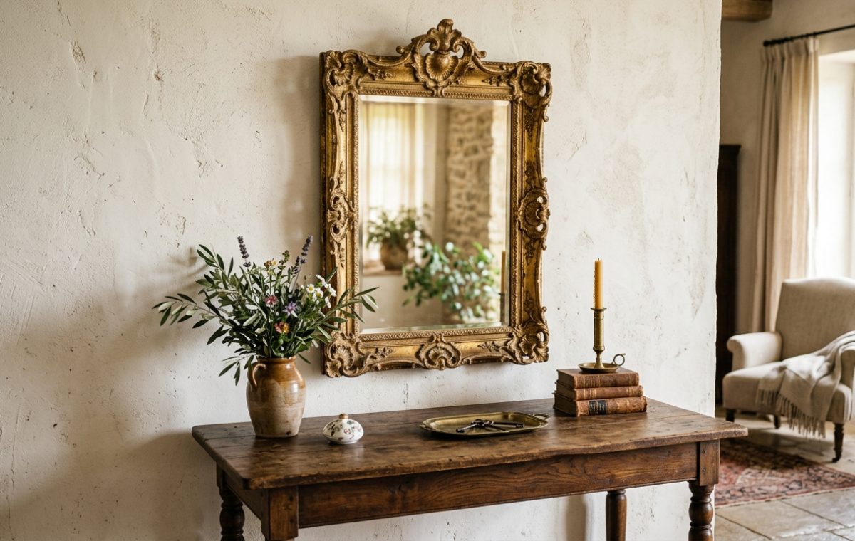 French country entryway table styled with a gold mirror, fresh botanicals, and vintage decor.