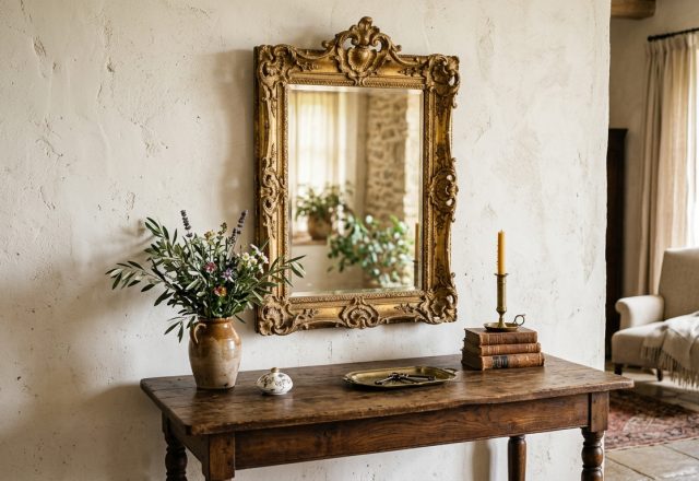French country entryway table styled with a gold mirror, fresh botanicals, and vintage decor.