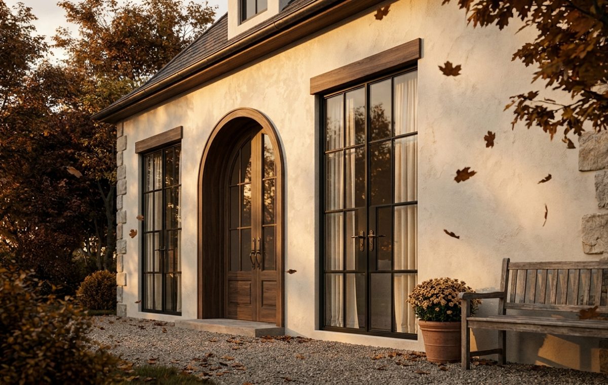 French Country exterior design featuring limewash walls, arched wood door, and black steel windows.