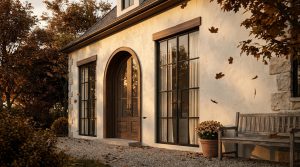 French Country exterior design featuring limewash walls, arched wood door, and black steel windows.