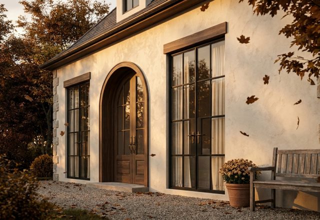 French Country exterior design featuring limewash walls, arched wood door, and black steel windows.
