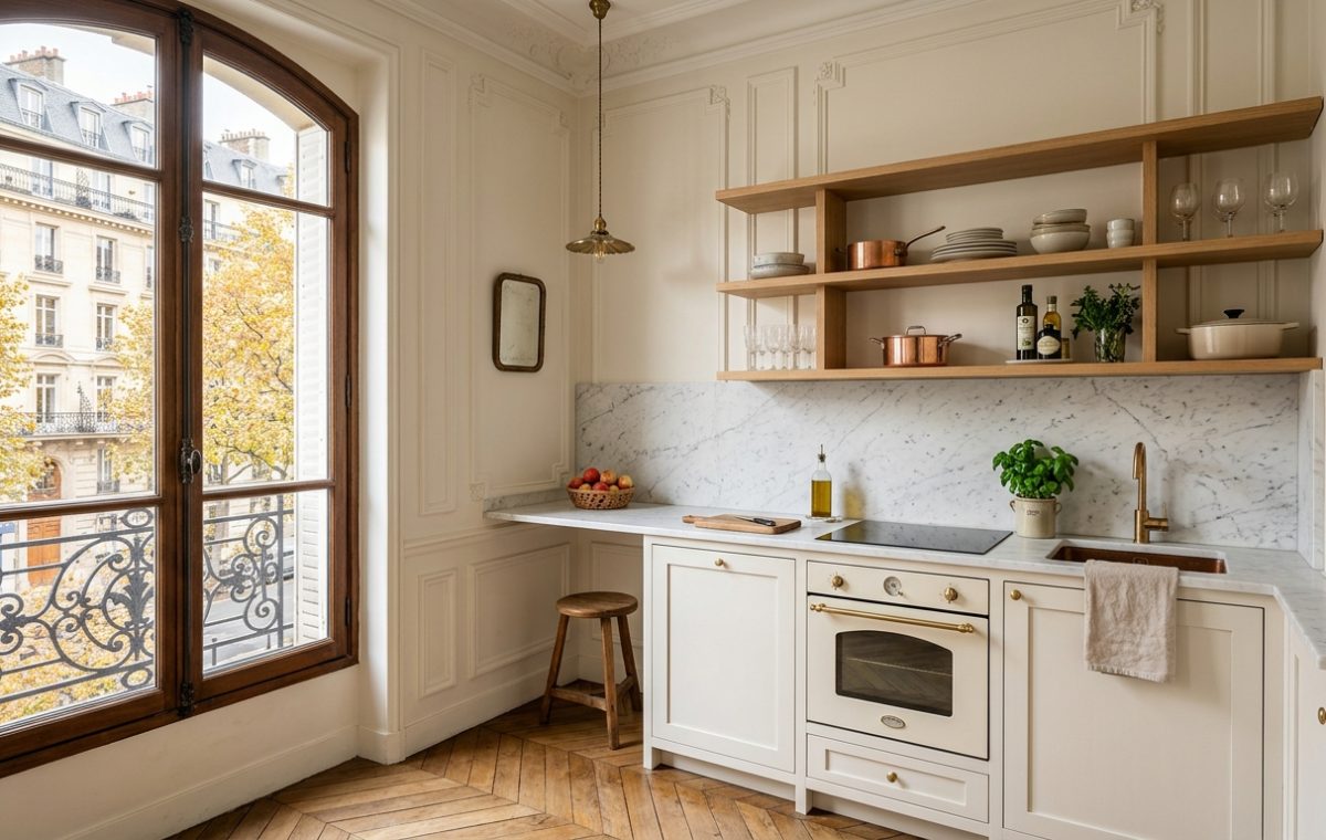 Bright French country kitchen featuring open oak shelves, marble countertops, and a vintage cream oven.
