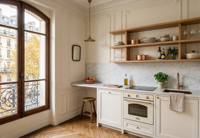 Bright French country kitchen featuring open oak shelves, marble countertops, and a vintage cream oven.