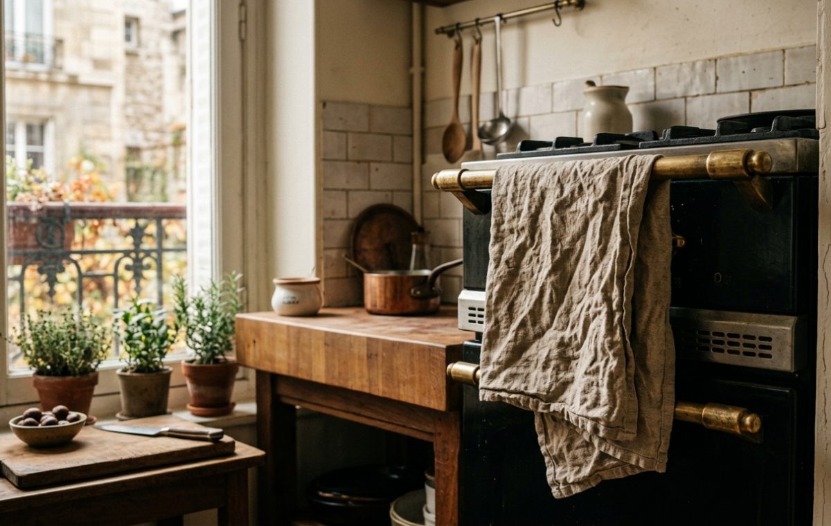 Cozy French country kitchen design featuring a vintage stove, butcher block counter, and window with potted herbs.