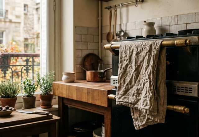 Cozy French country kitchen design featuring a vintage stove, butcher block counter, and window with potted herbs.