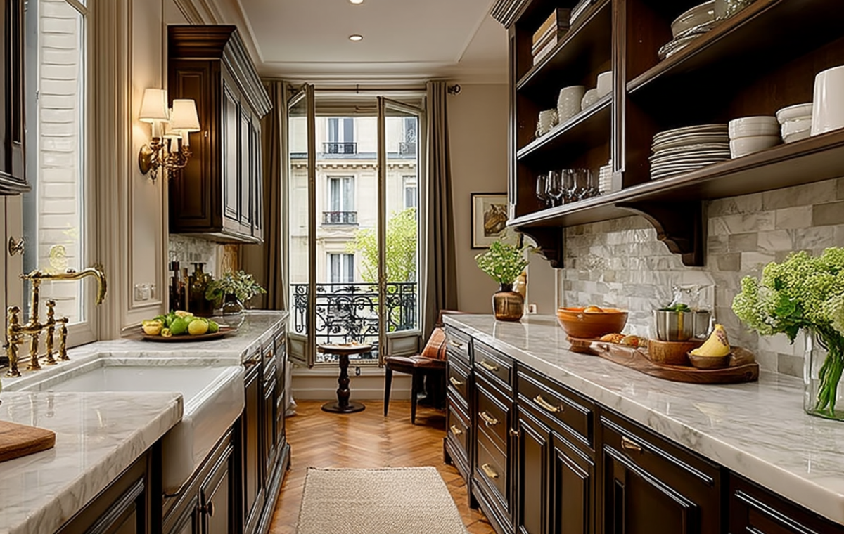French Country Kitchen with dark wood cabinets and marble countertops
