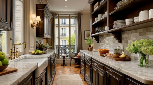 French Country Kitchen with dark wood cabinets and marble countertops