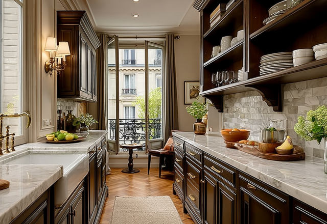 French Country Kitchen with dark wood cabinets and marble countertops