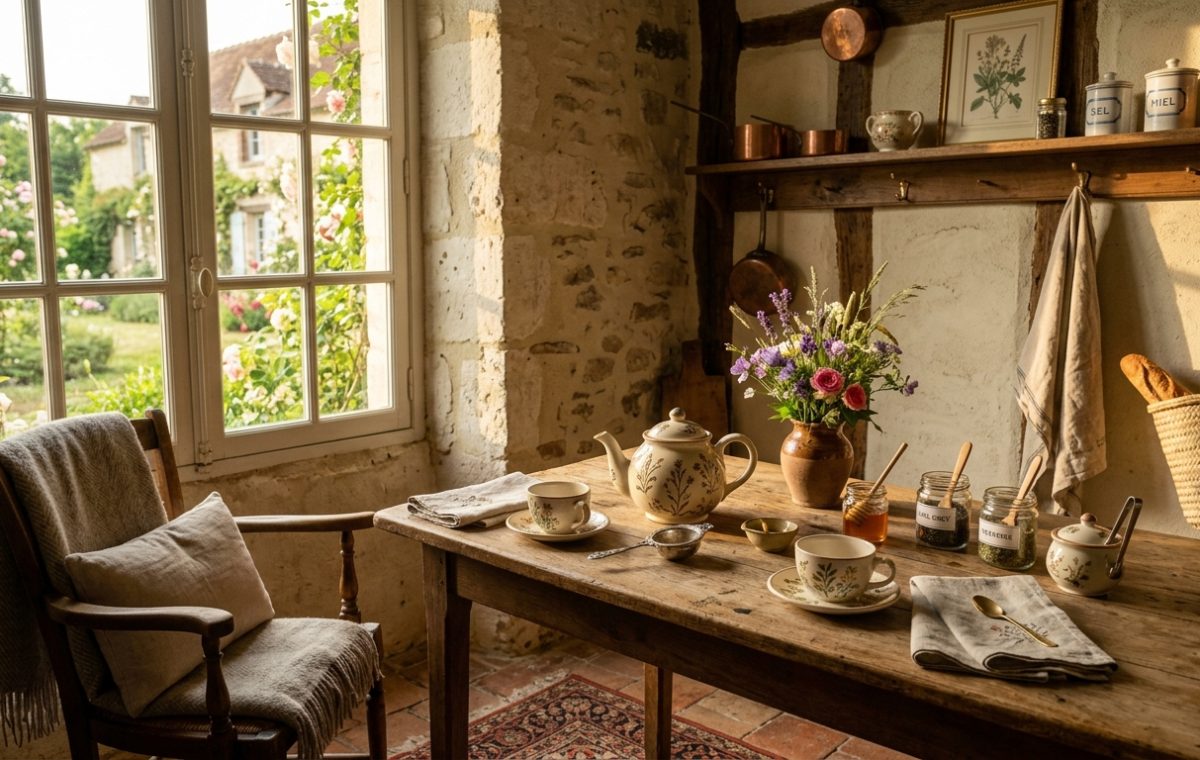 A sunlit French Country kitchen featuring a rustic wooden table, vintage pottery, and a window overlooking a blooming garden.