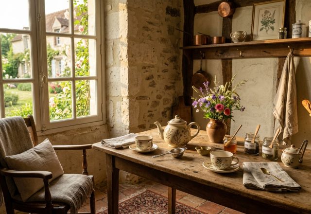 A sunlit French Country kitchen featuring a rustic wooden table, vintage pottery, and a window overlooking a blooming garden.