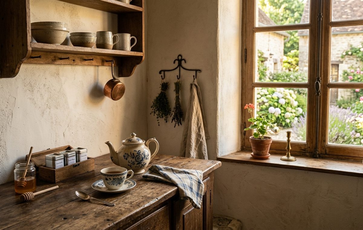 Warm French Country kitchen with wooden shelves, pottery mugs, and a sunlit garden window