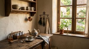 Warm French Country kitchen with wooden shelves, pottery mugs, and a sunlit garden window