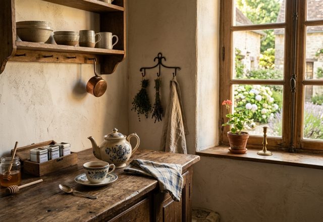Warm French Country kitchen with wooden shelves, pottery mugs, and a sunlit garden window