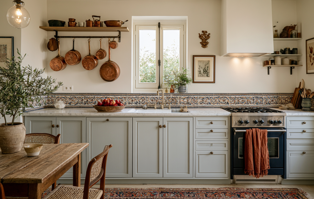 A warm French Country kitchen featuring pale blue cabinets, hanging copper cookware, and a vintage tile backsplash.