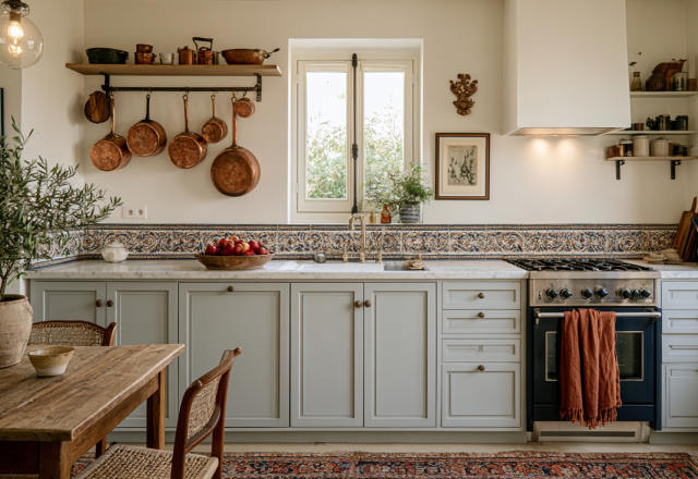 A warm French Country kitchen featuring pale blue cabinets, hanging copper cookware, and a vintage tile backsplash.