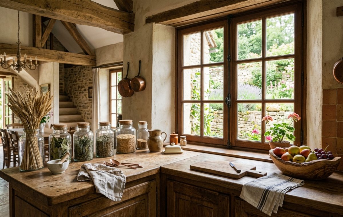 Bright French Country kitchen with wooden countertops, glass jars, and exposed beams