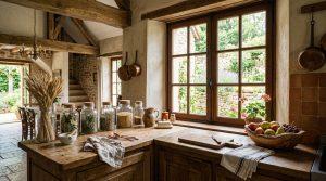Bright French Country kitchen with wooden countertops, glass jars, and exposed beams