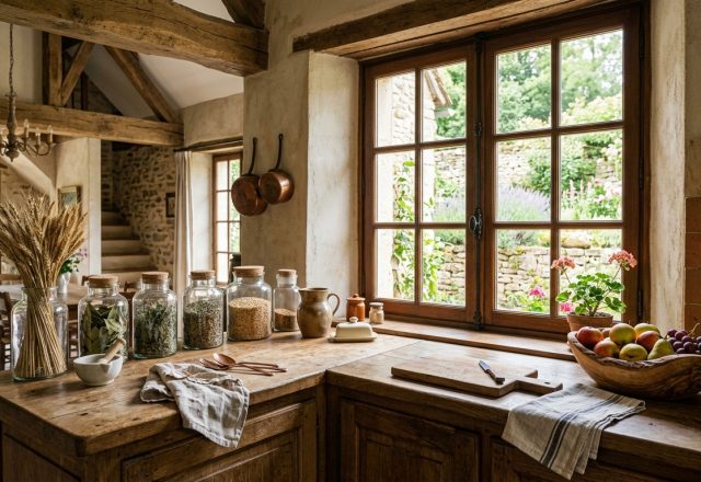 Bright French Country kitchen with wooden countertops, glass jars, and exposed beams