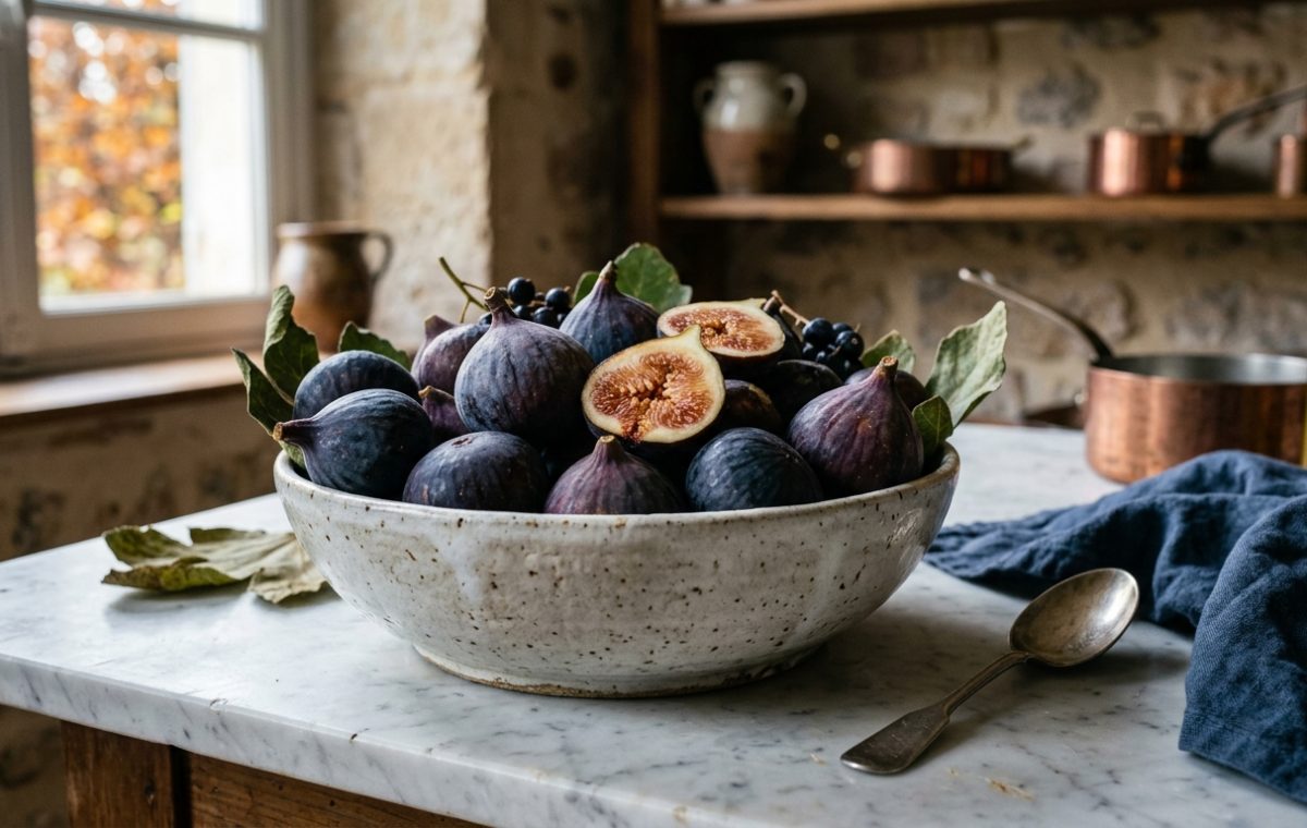 French country kitchen styling with a bowl of fresh figs on a marble countertop