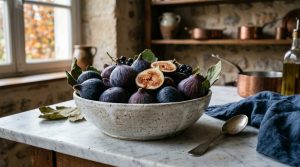 French country kitchen styling with a bowl of fresh figs on a marble countertop