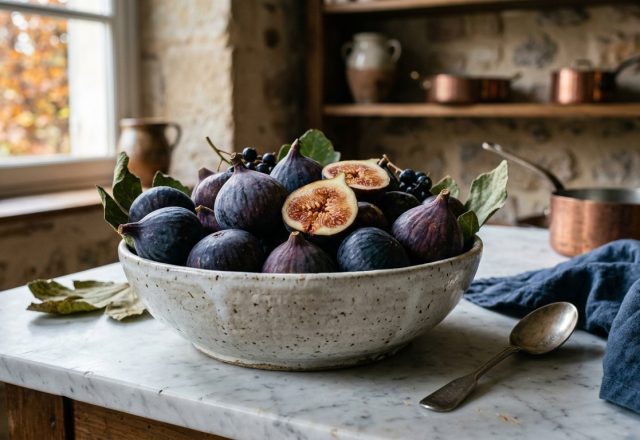 French country kitchen styling with a bowl of fresh figs on a marble countertop