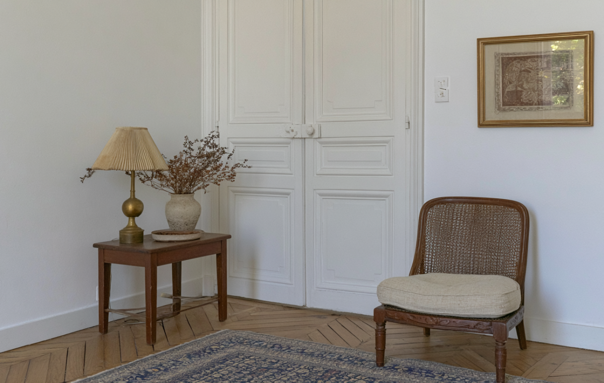 French country living room featuring a vintage side table, cane chair, and herringbone wood floors.
