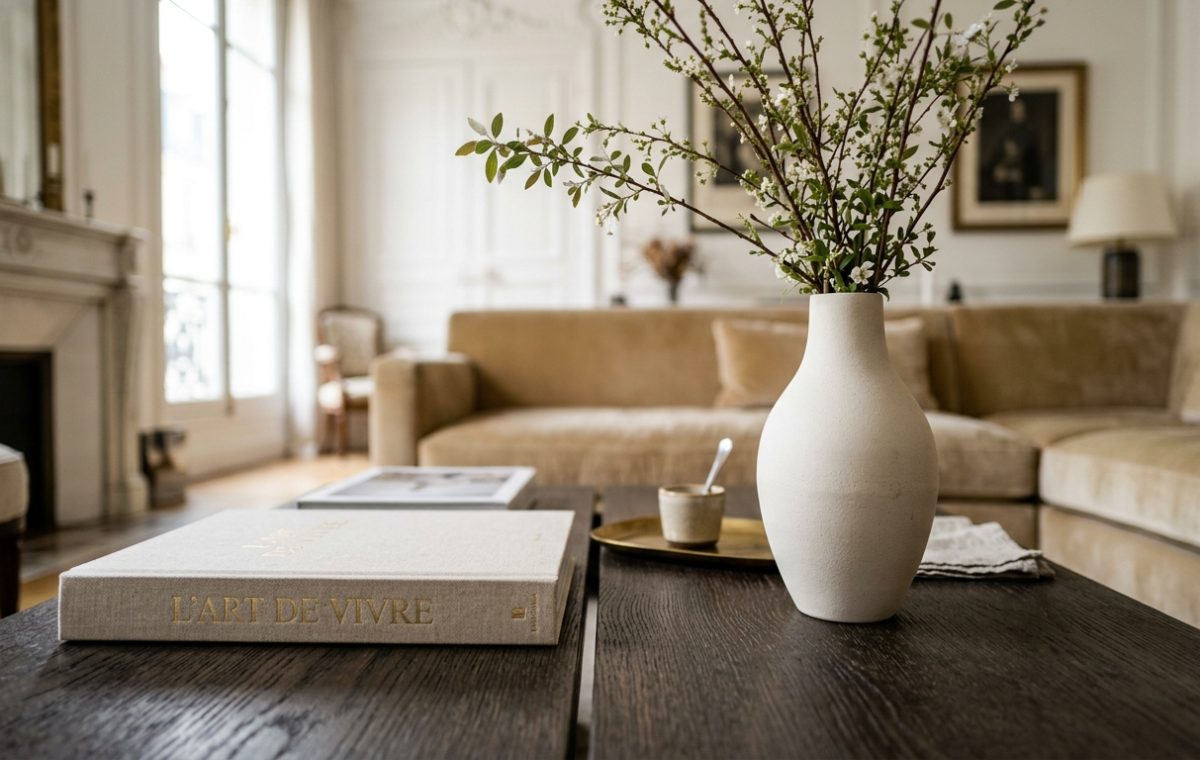 French country living room decor featuring a textured white vase and linen book on a dark wood coffee table.