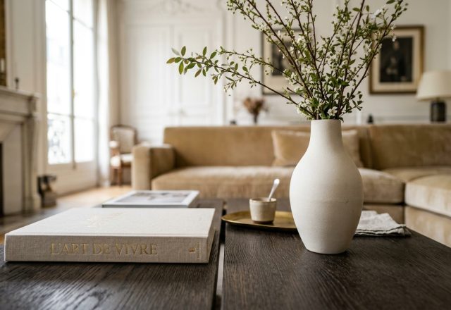 French country living room decor featuring a textured white vase and linen book on a dark wood coffee table.