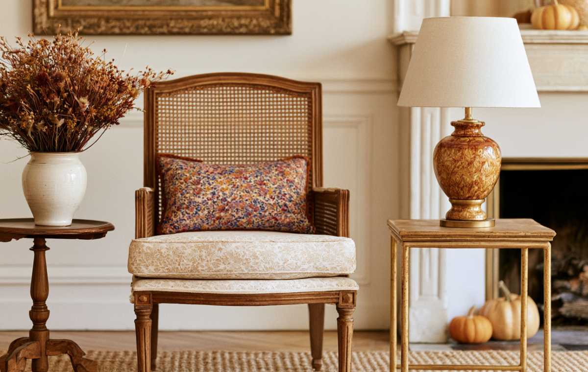 French country living room featuring a cane back armchair, rustic side tables, and neutral fall decor.