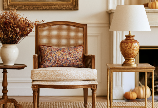 French country living room featuring a cane back armchair, rustic side tables, and neutral fall decor.