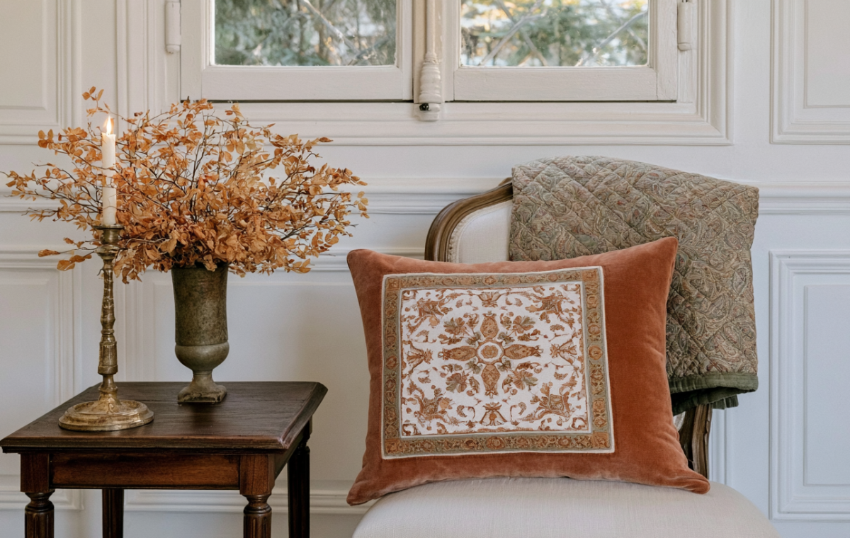 French Country living room decor featuring an antique wood side table, velvet pillow, and dried botanicals
