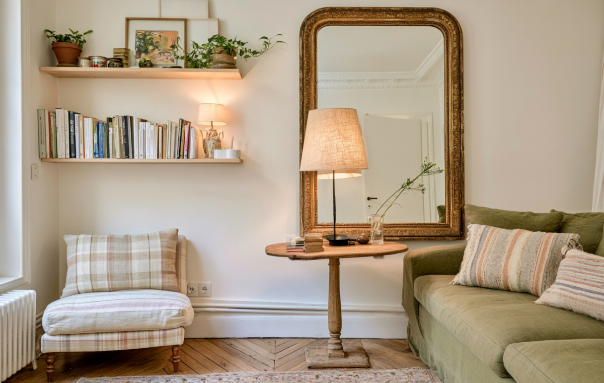 French country living room featuring an antique mirror, green linen sofa, and open wooden shelving.