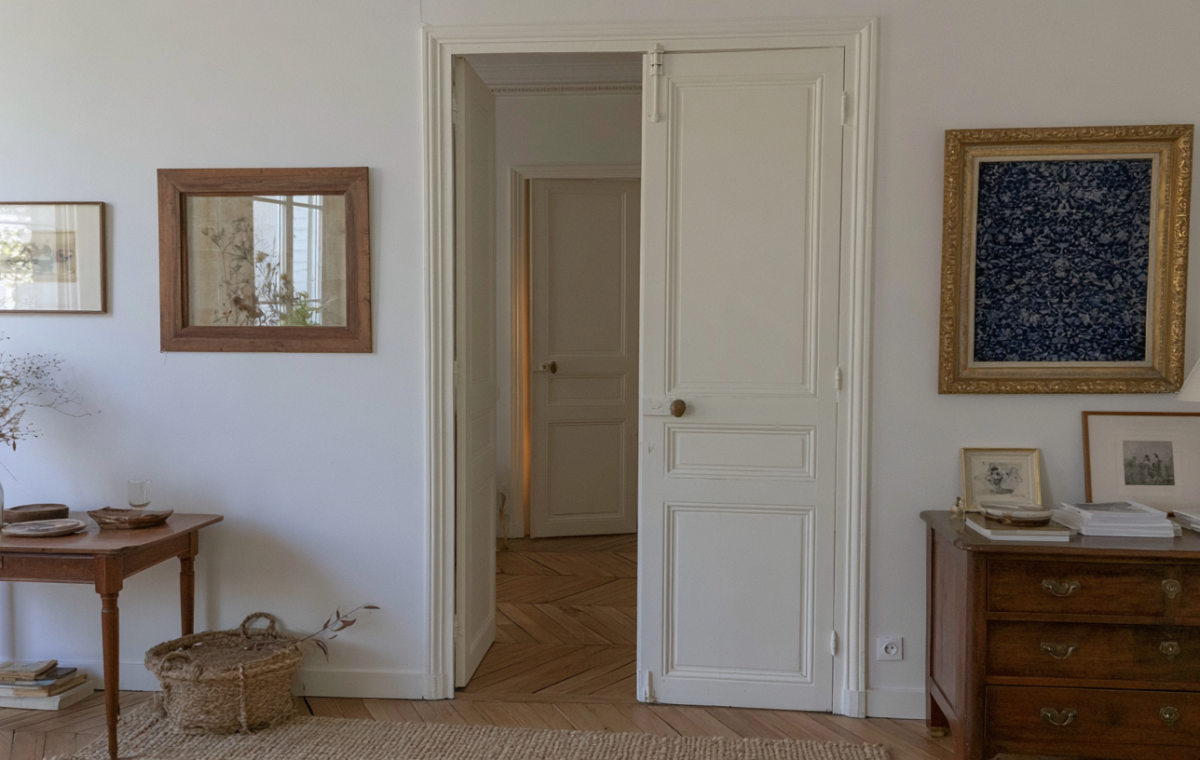 Bright French country living room featuring white paneled double doors, vintage wooden furniture, and neutral walls.